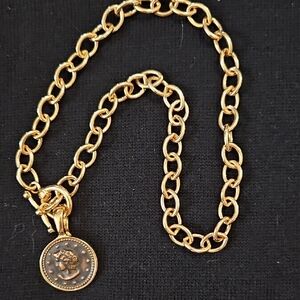 Gold Plated Rollo Chain, Faux Ancient Warrior Coin Charm Necklace